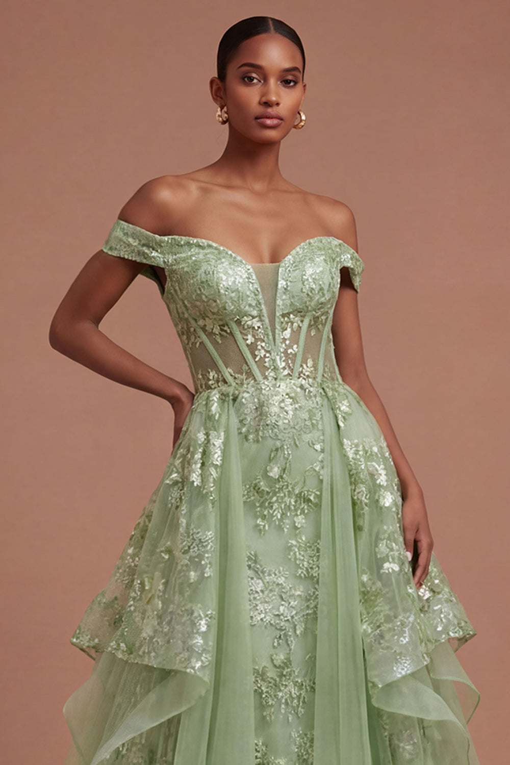 Off the Shoulder Corset Green Floral A Line Long Prom Dress