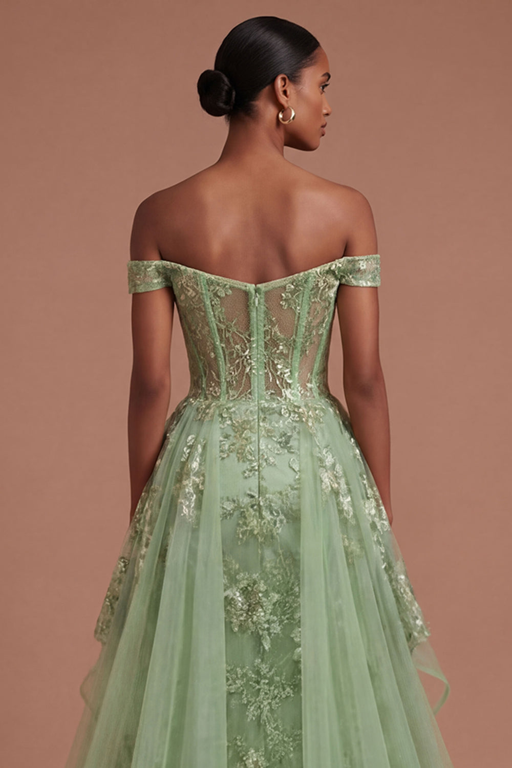 Off the Shoulder Corset Green Floral A Line Long Prom Dress