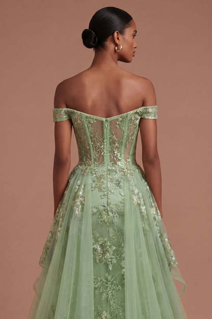 Off the Shoulder Corset Green Floral A Line Long Prom Dress