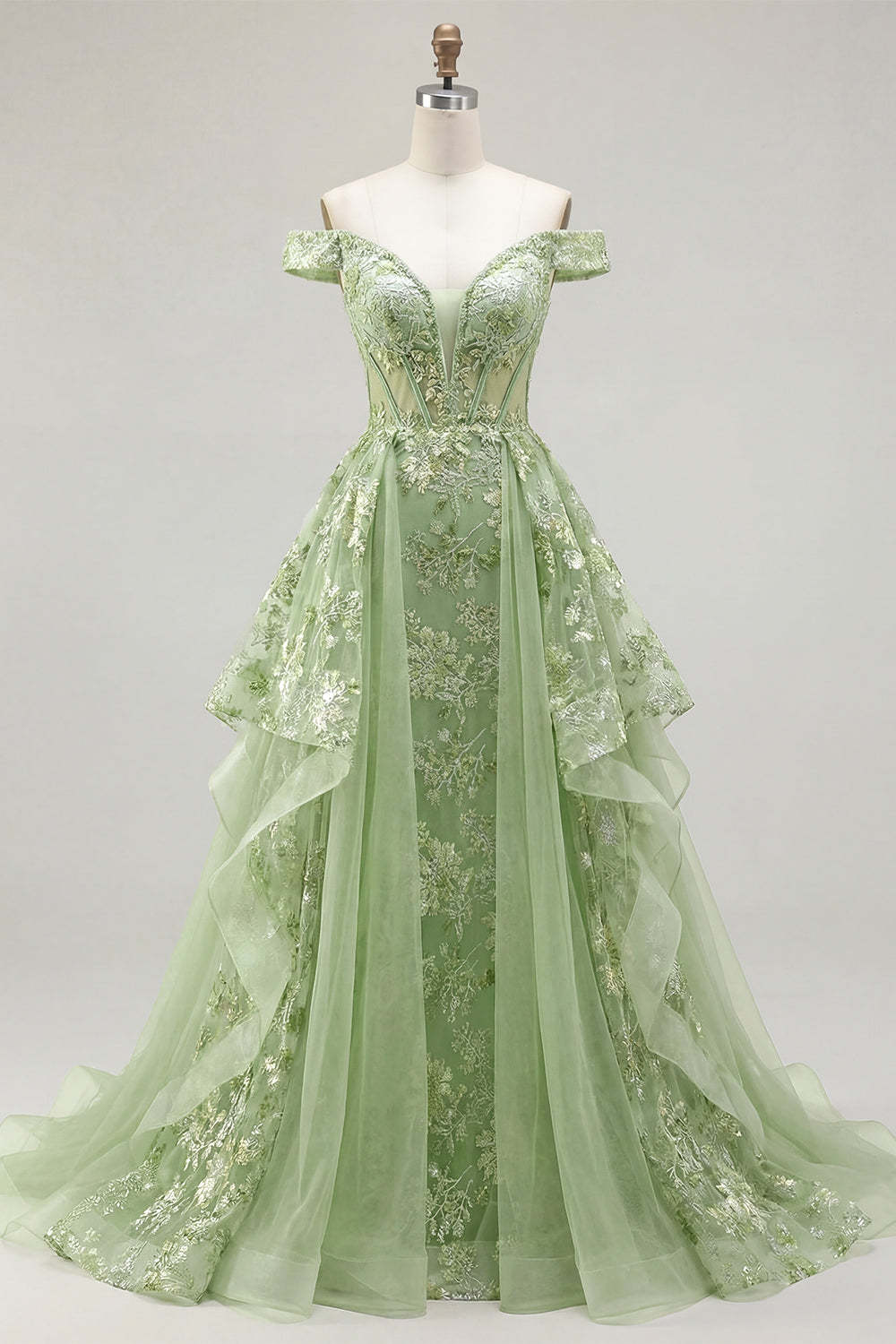Off the Shoulder Corset Green Floral A Line Long Prom Dress