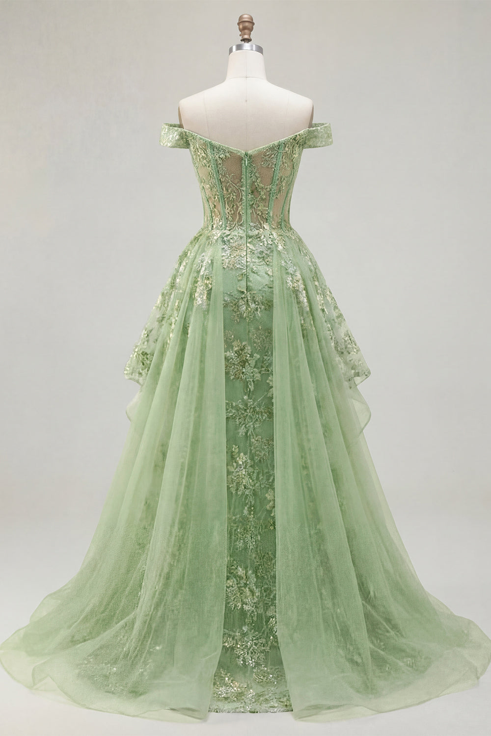 Off the Shoulder Corset Green Floral A Line Long Prom Dress