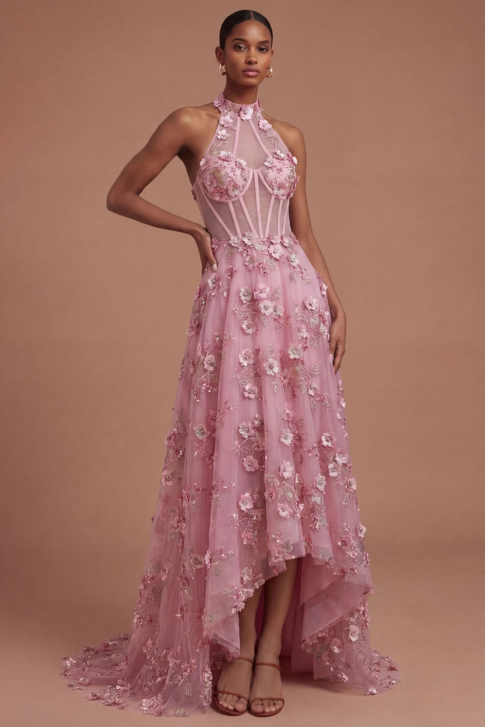 Leely Women Taro Corset Floral Appliqued Halter Neck High Low Prom Dress Backless Sleeveless Evening Dress