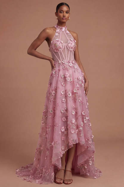 Leely Women Taro Corset Floral Appliqued Halter Neck High Low Prom Dress Backless Sleeveless Evening Dress