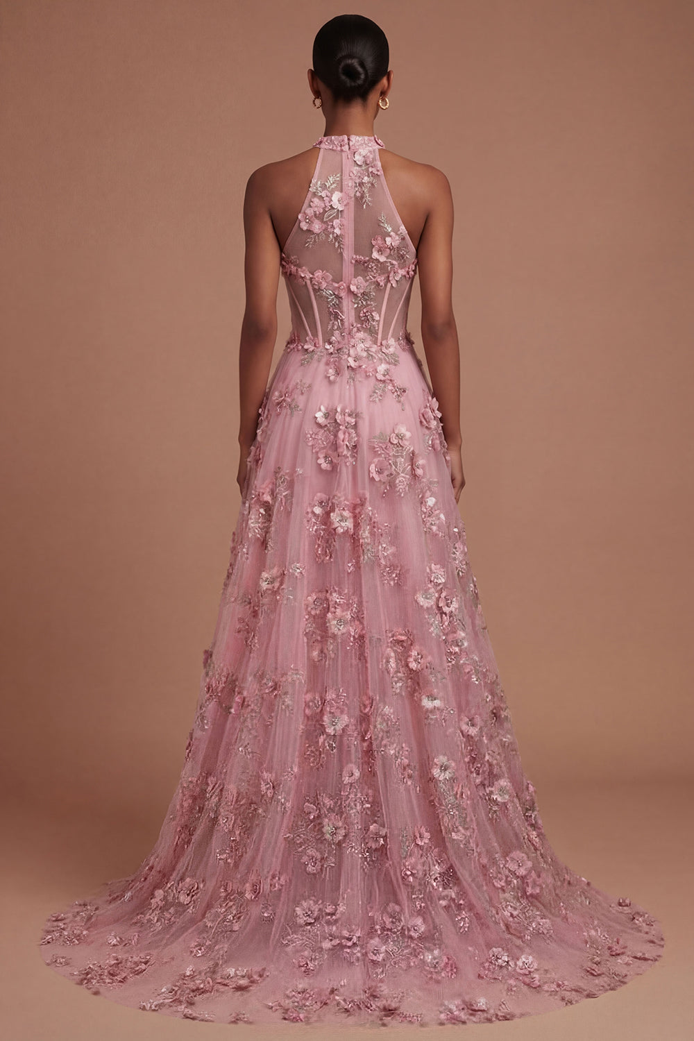 Taro Corset Floral Appliqued Halter Neck High Low Prom Dress