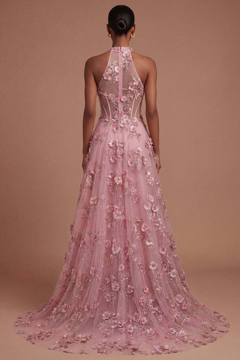 Taro Corset Floral Appliqued Halter Neck High Low Prom Dress