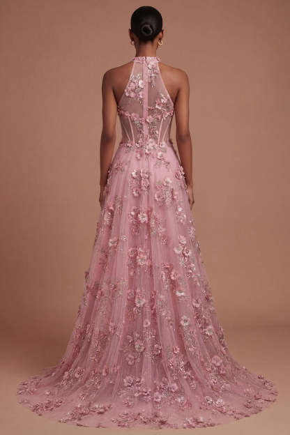 Taro Corset Floral Appliqued Halter Neck High Low Prom Dress