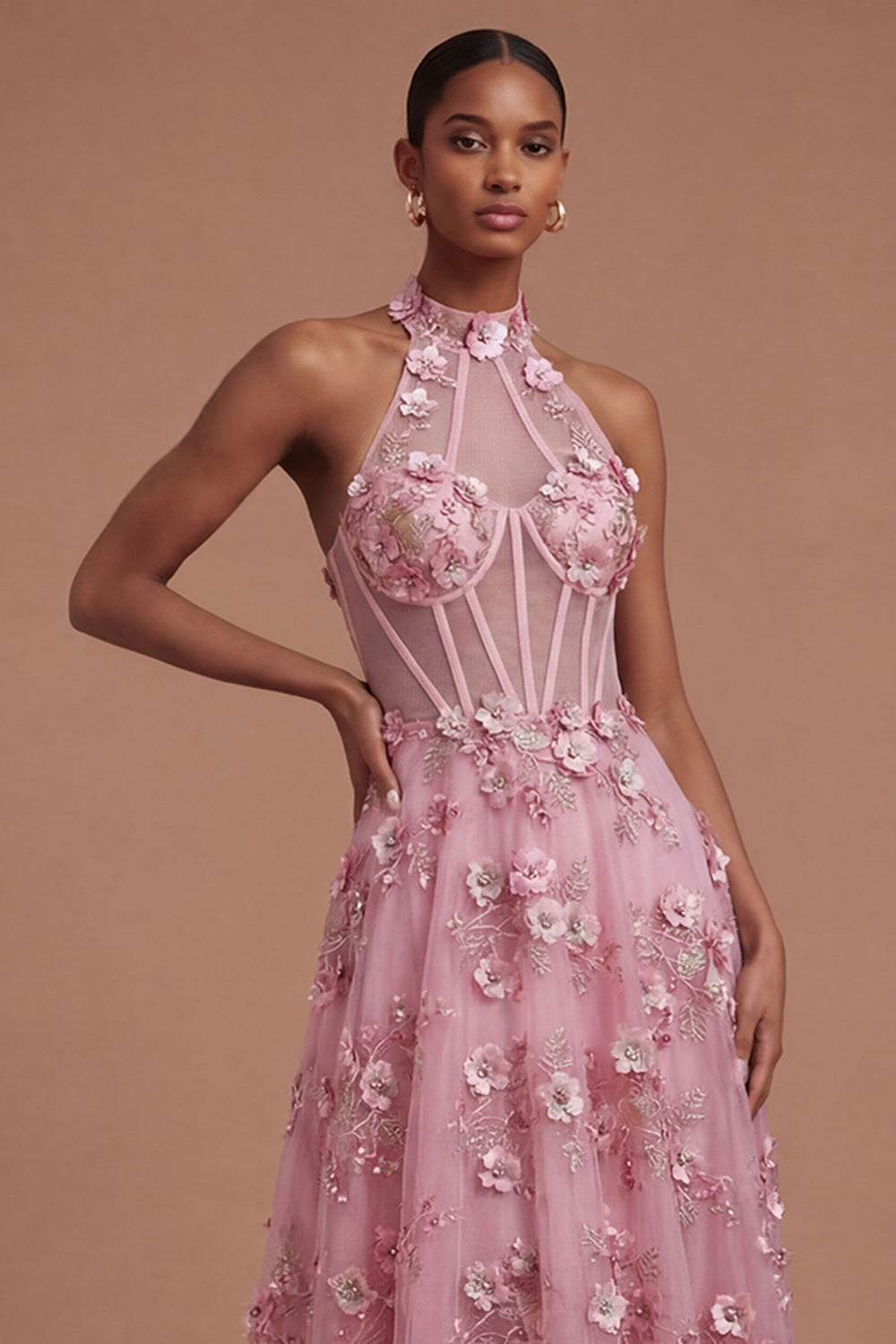 Taro Corset Floral Appliqued Halter Neck High Low Prom Dress