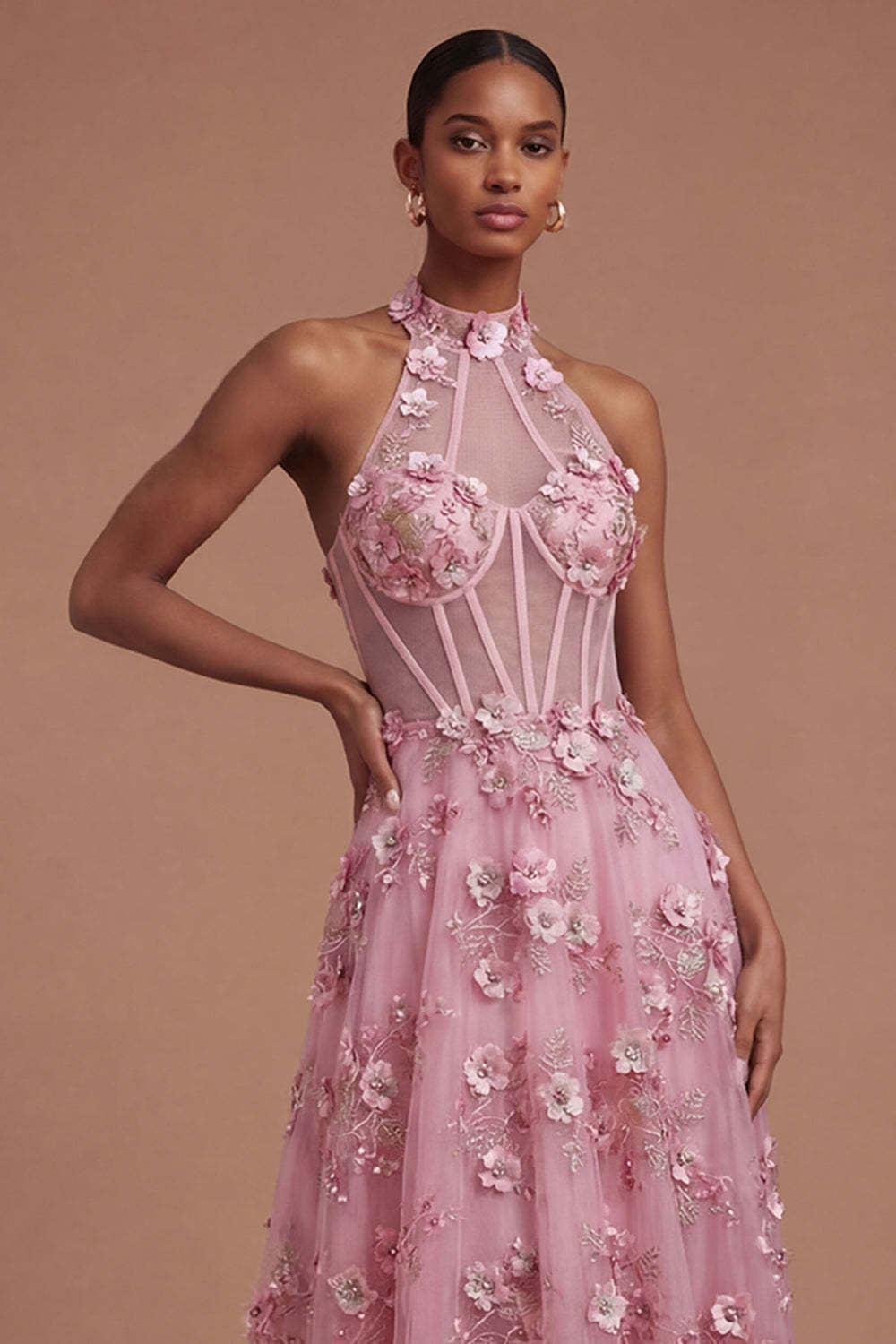 Taro Corset Floral Appliqued Halter Neck High Low Prom Dress