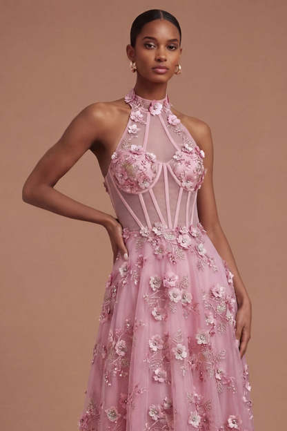 Taro Corset Floral Appliqued Halter Neck High Low Prom Dress