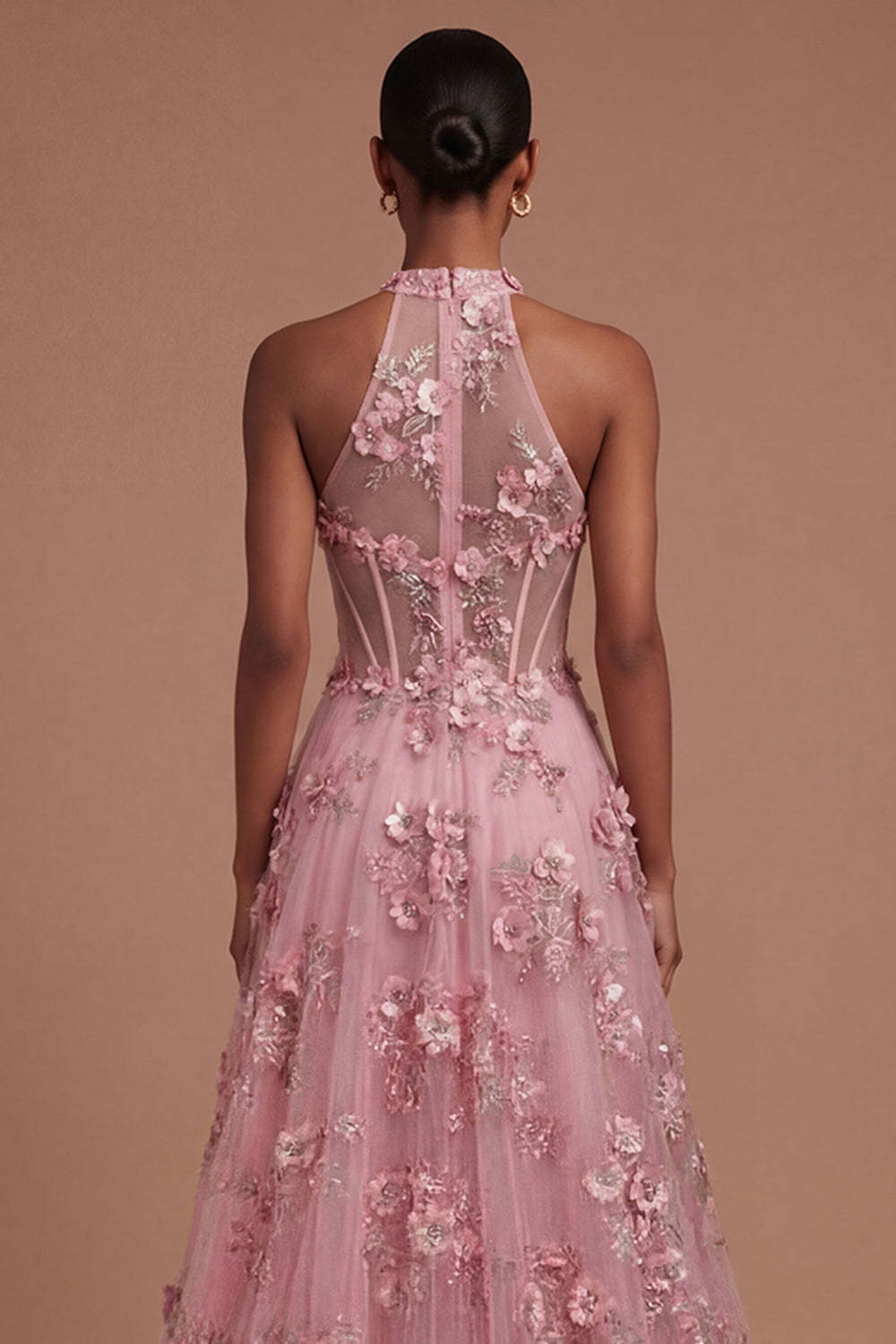 Taro Corset Floral Appliqued Halter Neck High Low Prom Dress