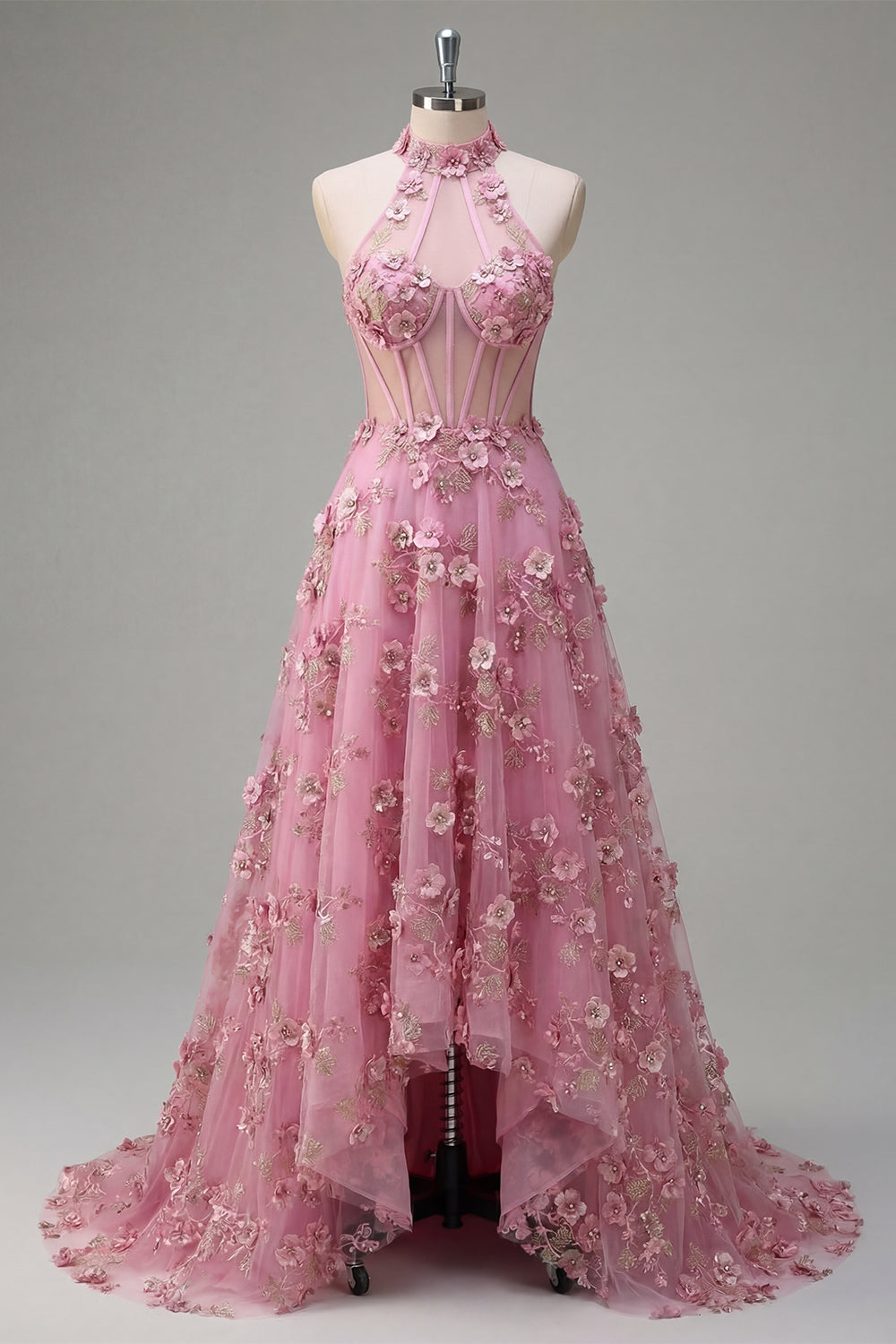 Taro Corset Floral Appliqued Halter Neck High Low Prom Dress