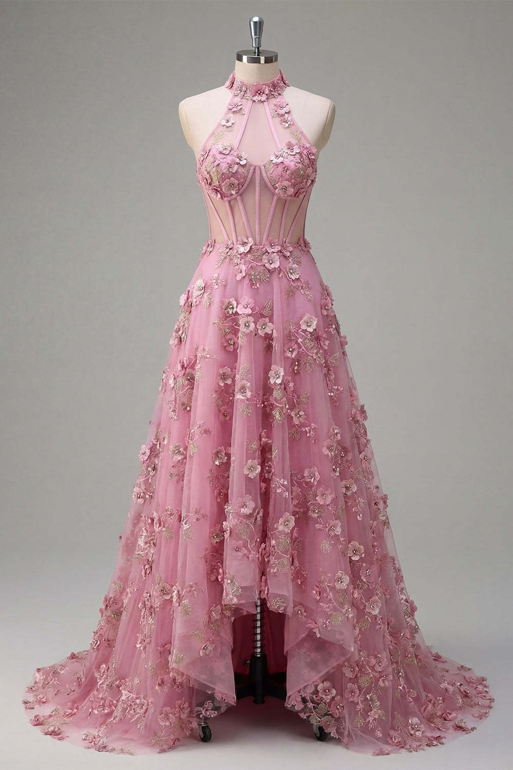 Taro Corset Floral Appliqued Halter Neck High Low Prom Dress