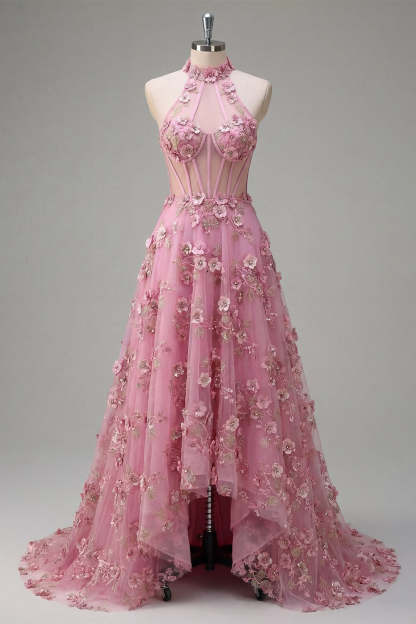 Taro Corset Floral Appliqued Halter Neck High Low Prom Dress