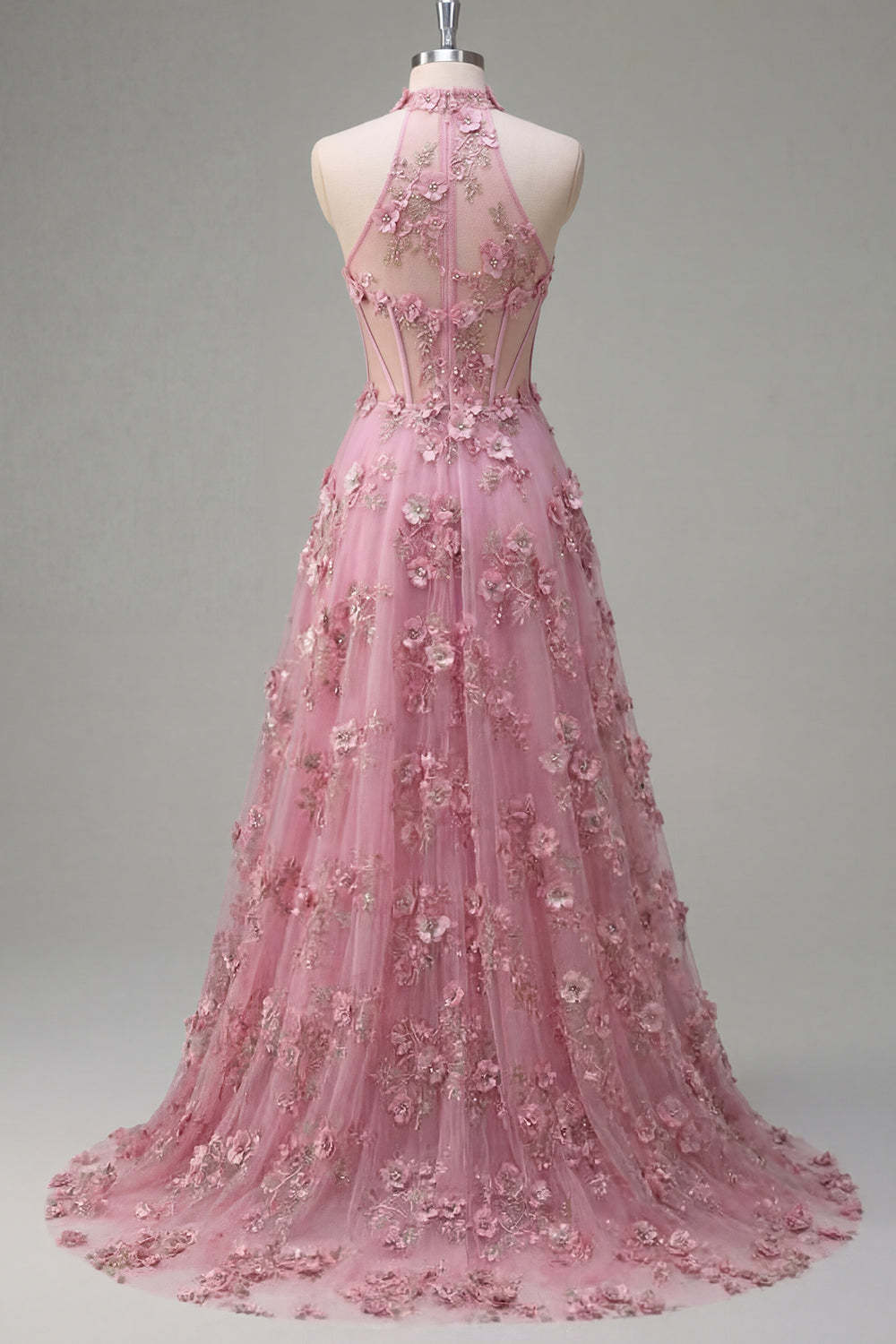 Taro Corset Floral Appliqued Halter Neck High Low Prom Dress