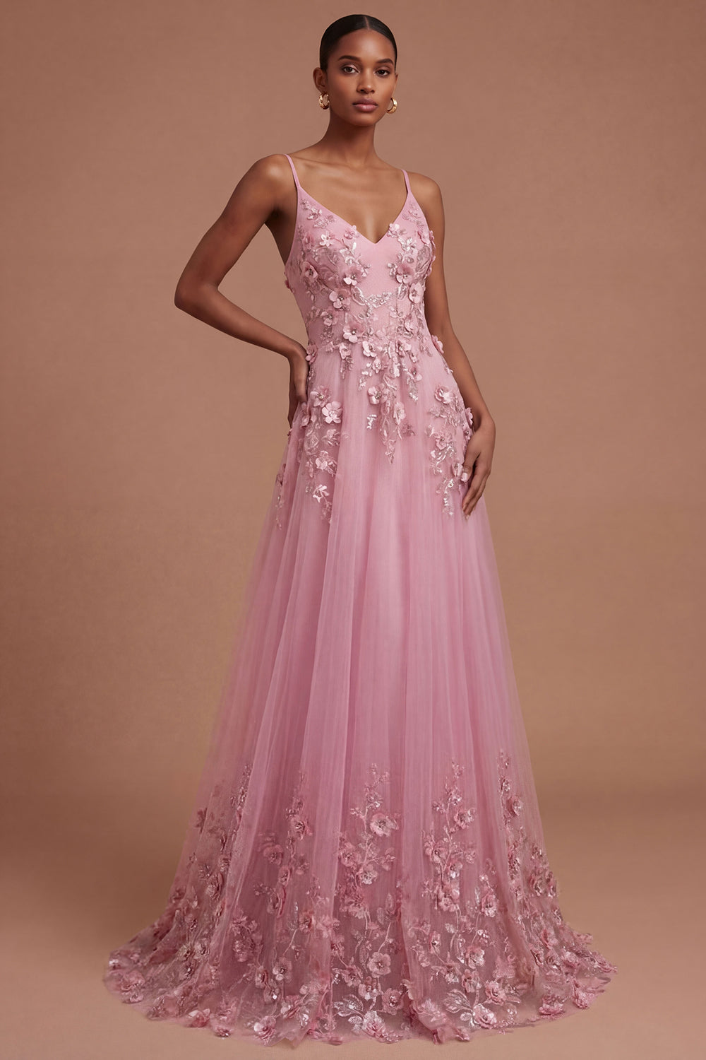 Leely Women Taro Floral Appliqued Spaghetti Straps Long Prom Dress Backless Sleeveless Evening Dress