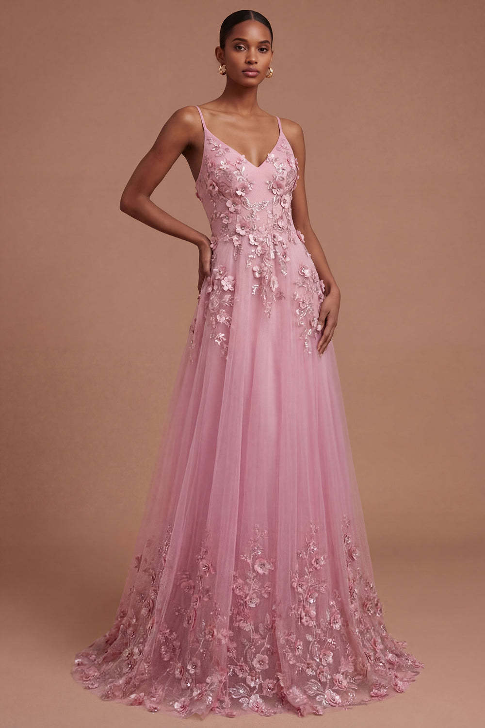 Leely Women Taro Floral Appliqued Spaghetti Straps Long Prom Dress Backless Sleeveless Evening Dress