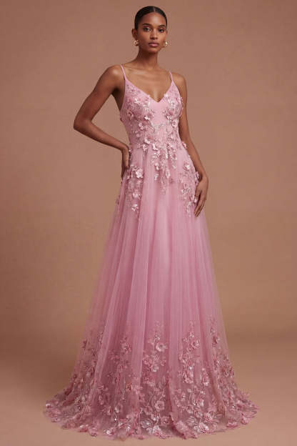 Leely Women Taro Floral Appliqued Spaghetti Straps Long Prom Dress Backless Sleeveless Evening Dress