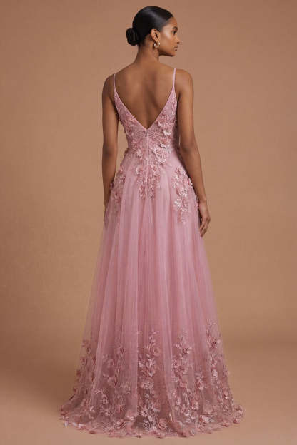 Taro Floral Appliqued Spaghetti Straps Long Prom Dress