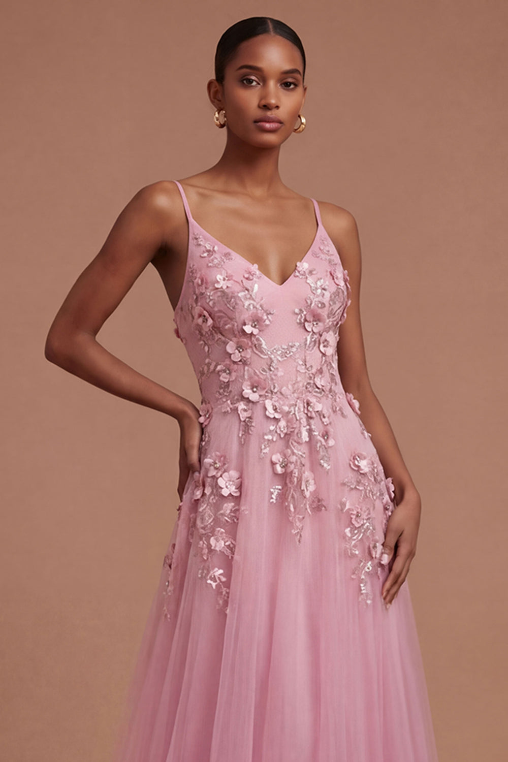 Taro Floral Appliqued Spaghetti Straps Long Prom Dress