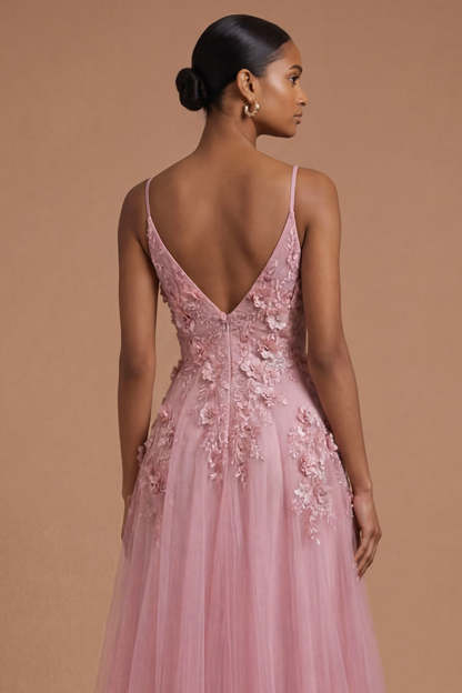 Taro Floral Appliqued Spaghetti Straps Long Prom Dress