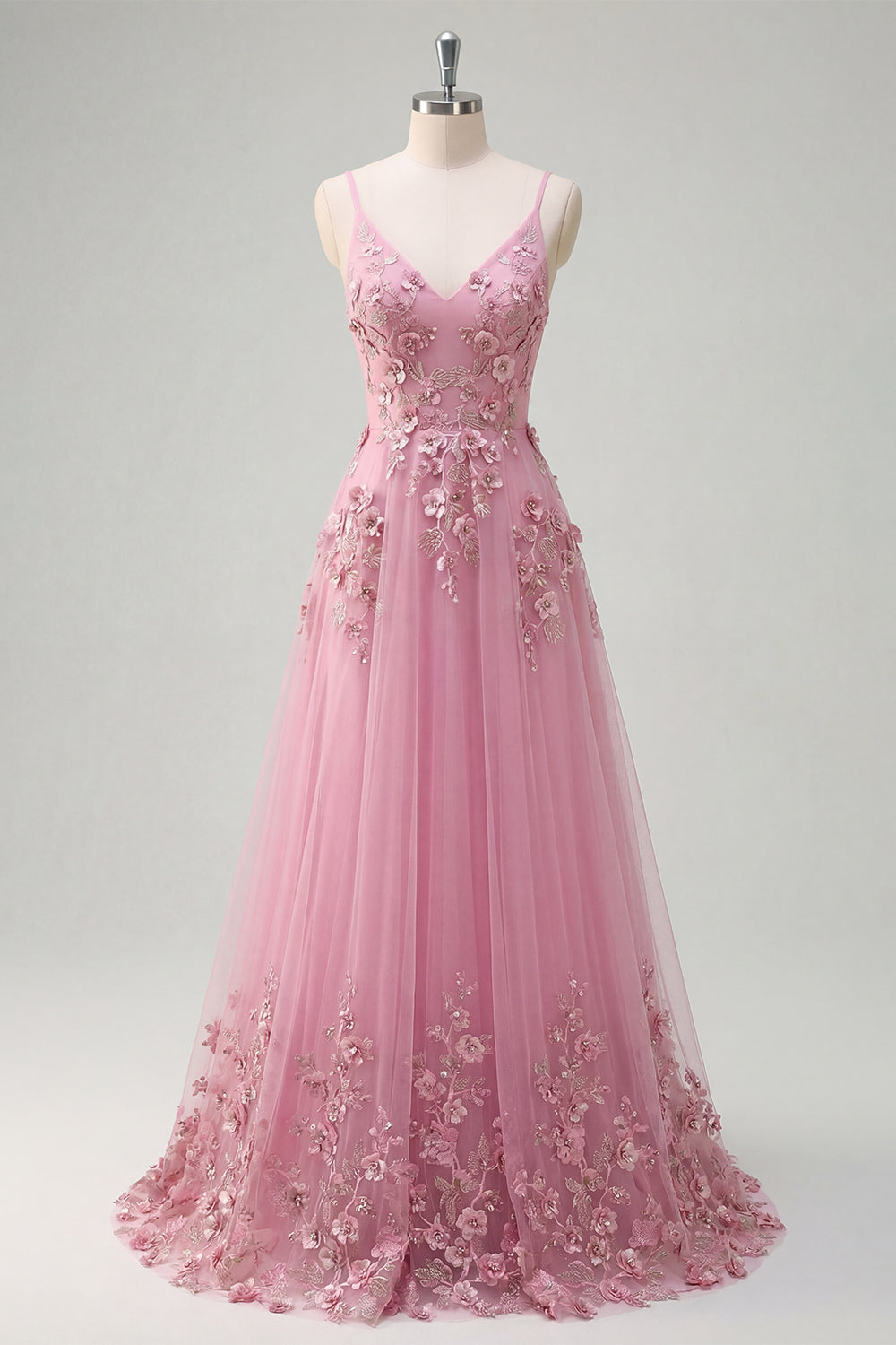 Taro Floral Appliqued Spaghetti Straps Long Prom Dress