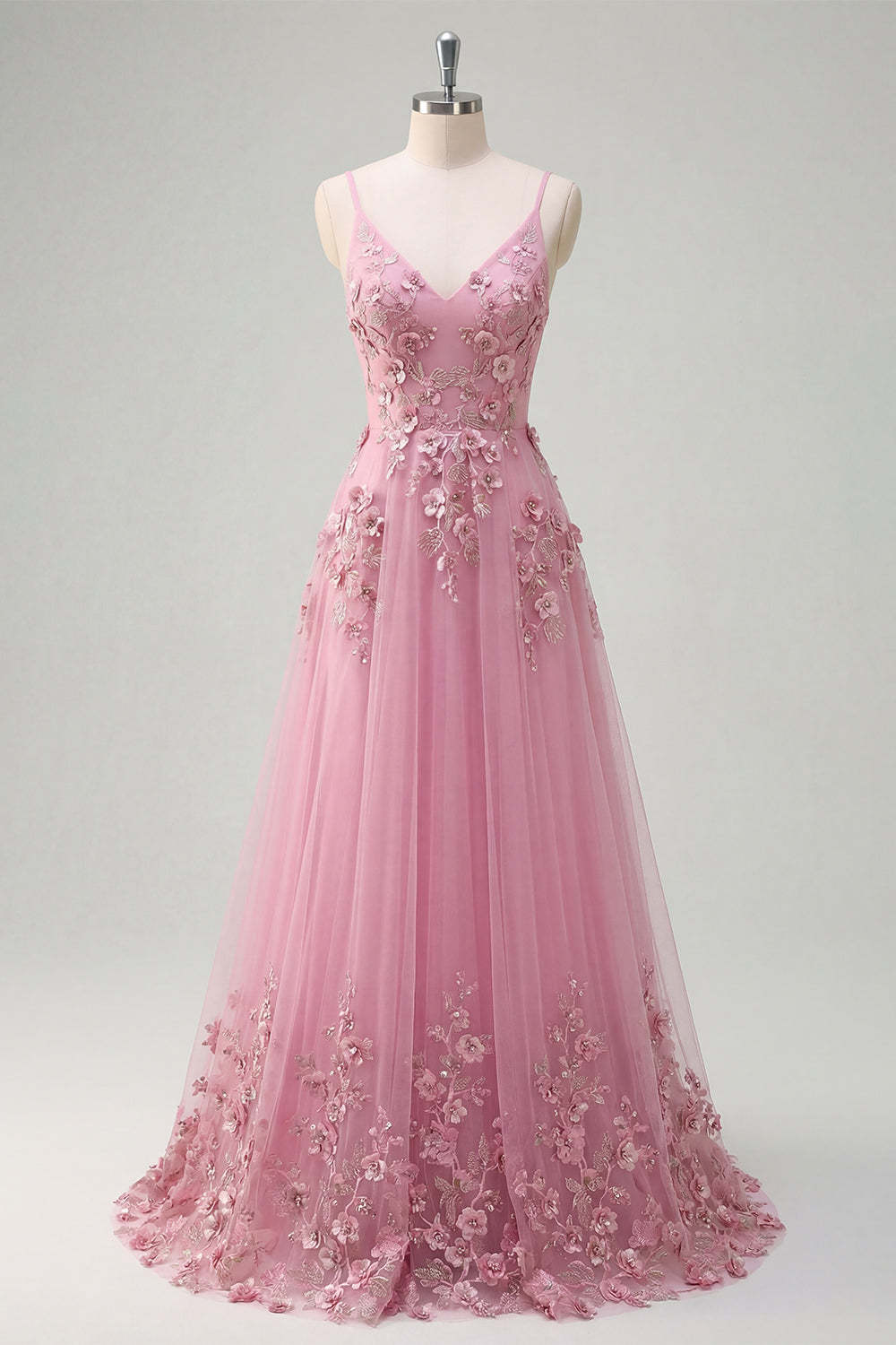 Taro Floral Appliqued Spaghetti Straps Long Prom Dress