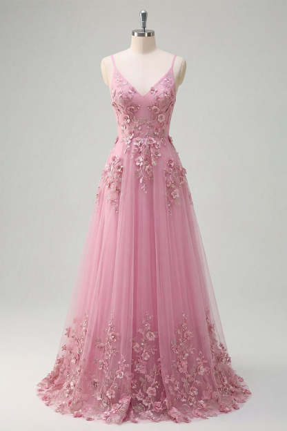 Taro Floral Appliqued Spaghetti Straps Long Prom Dress