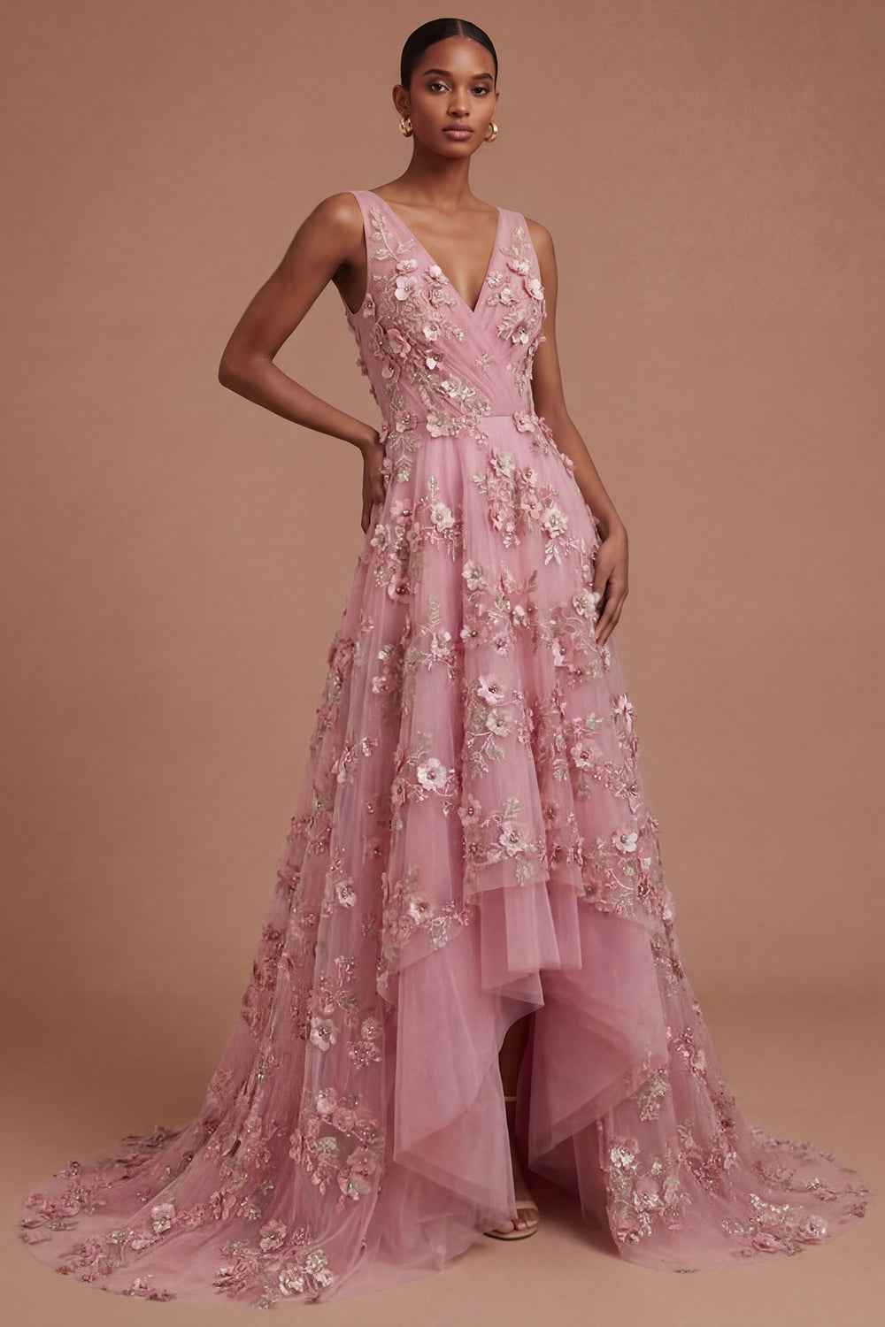 Leely Women Taro Floral V Neck Sleeveless High Low Prom Dress Sleeveless Backless Gala Dress