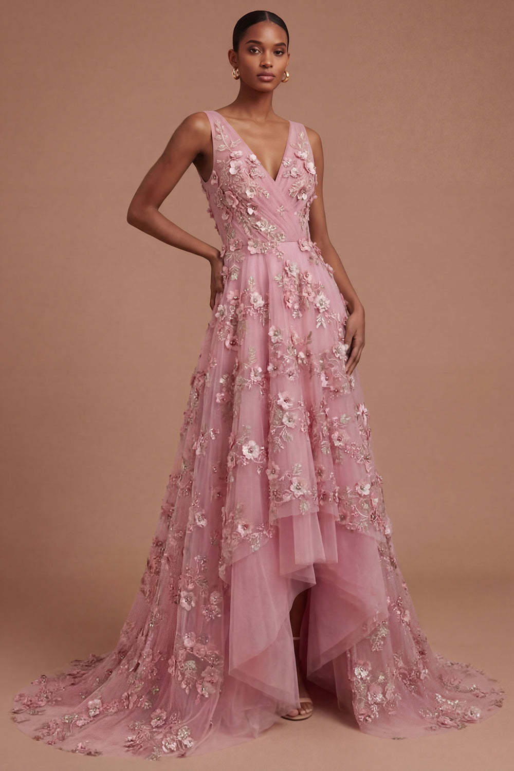 Leely Women Taro Floral V Neck Sleeveless High Low Prom Dress Sleeveless Backless Gala Dress