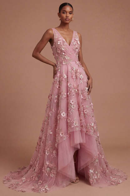 Leely Women Taro Floral V Neck Sleeveless High Low Prom Dress Sleeveless Backless Gala Dress