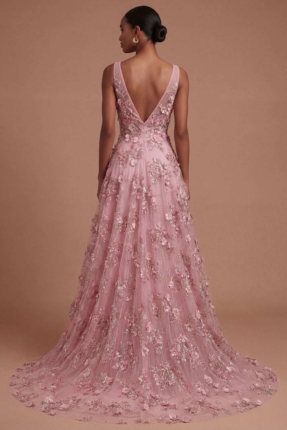 Taro Floral V Neck Sleeveless High Low Prom Dress