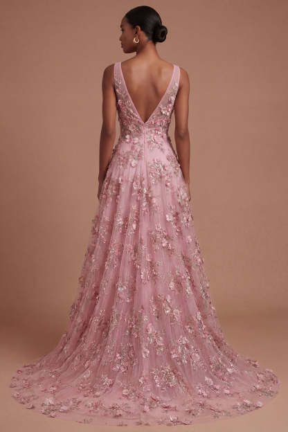 Taro Floral V Neck Sleeveless High Low Prom Dress
