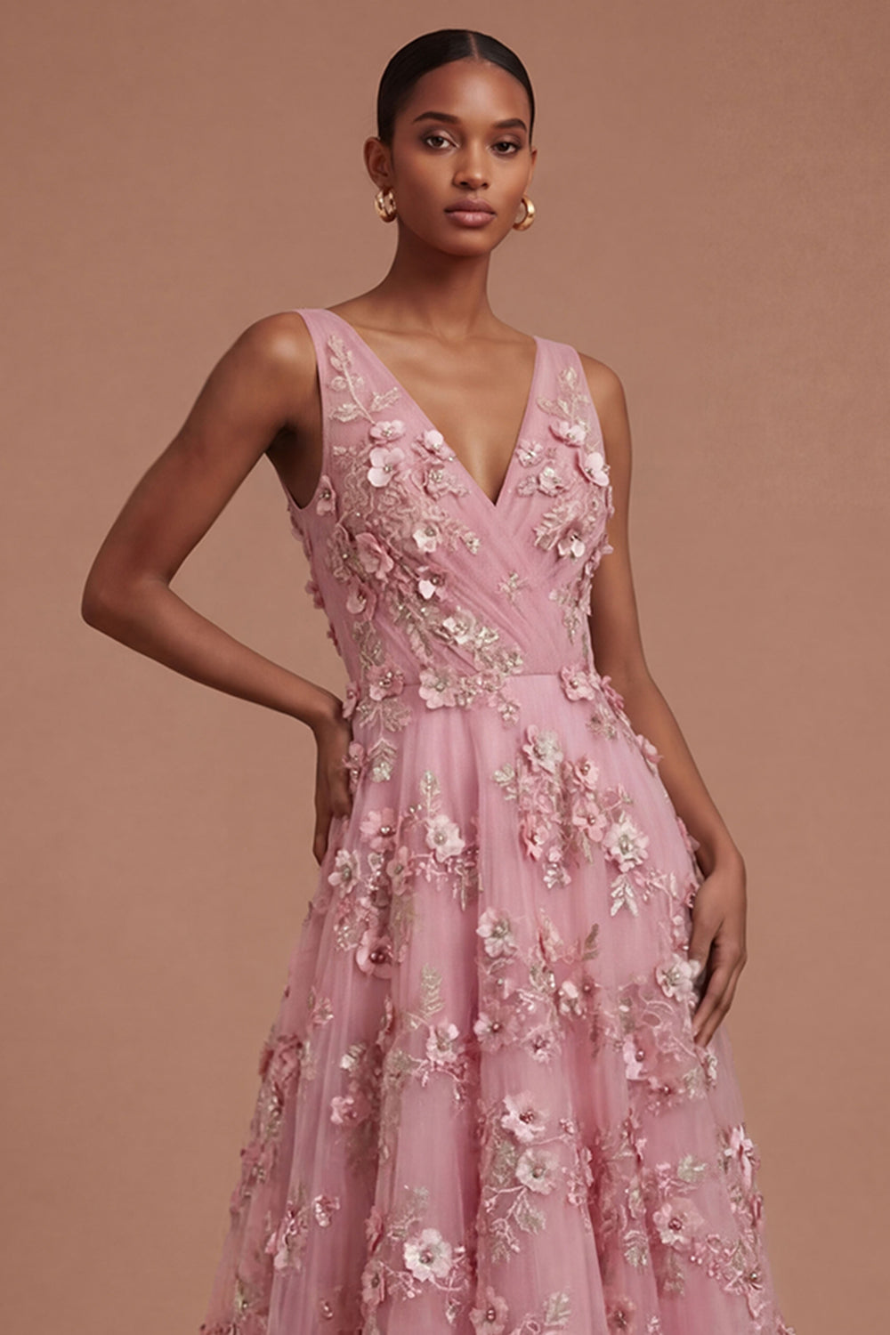 Taro Floral V Neck Sleeveless High Low Prom Dress