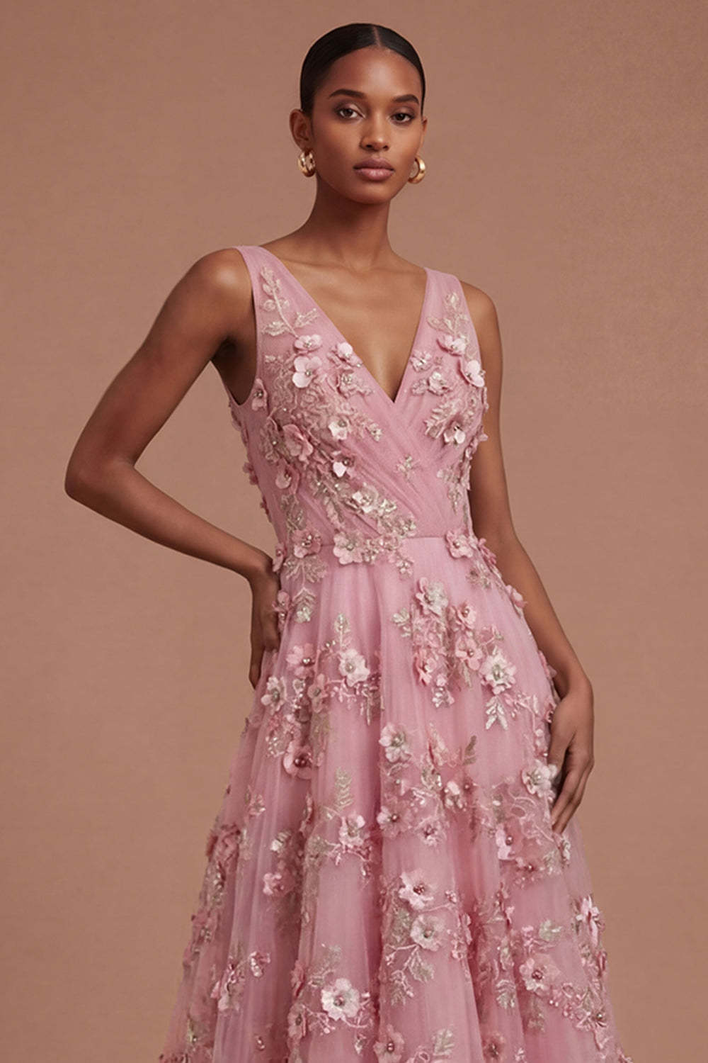 Taro Floral V Neck Sleeveless High Low Prom Dress