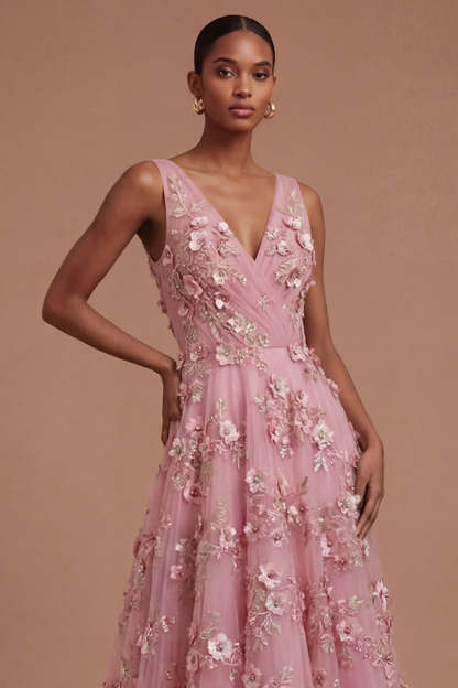 Taro Floral V Neck Sleeveless High Low Prom Dress