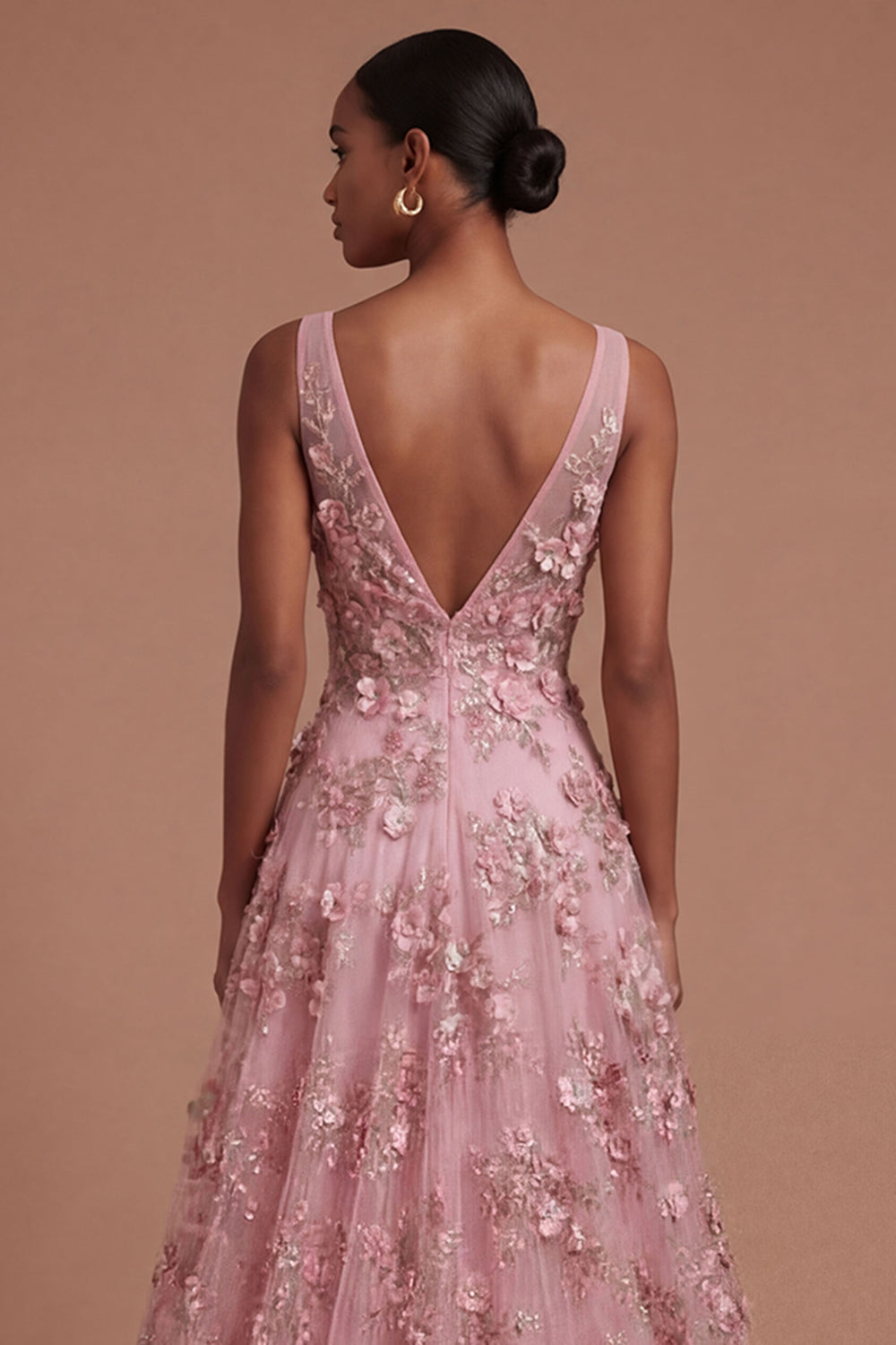 Taro Floral V Neck Sleeveless High Low Prom Dress