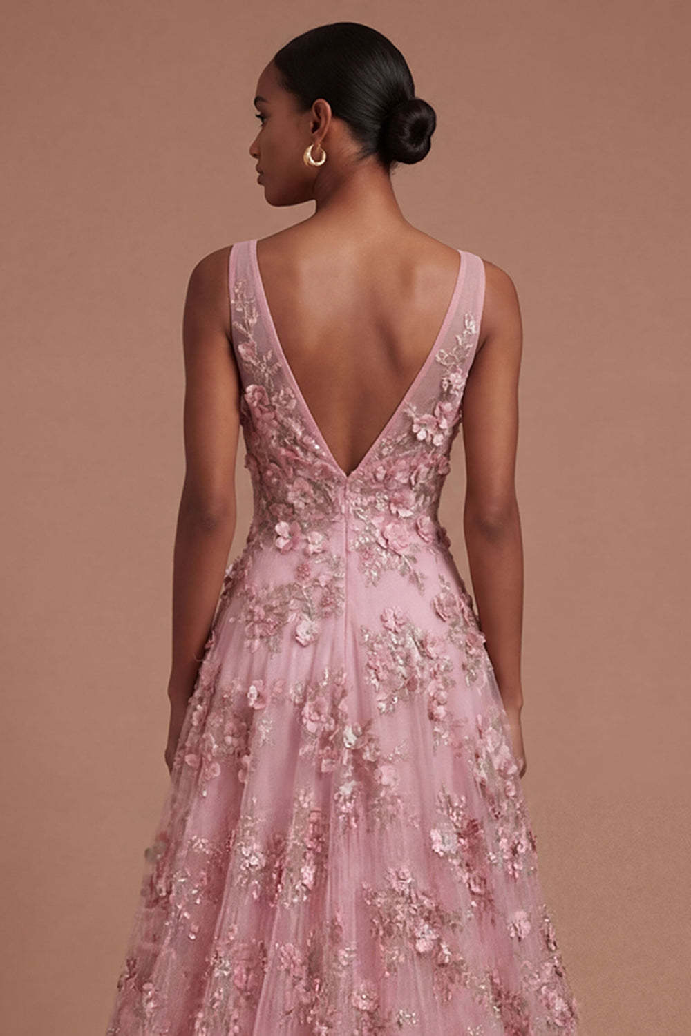 Taro Floral V Neck Sleeveless High Low Prom Dress