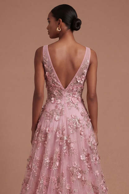 Taro Floral V Neck Sleeveless High Low Prom Dress