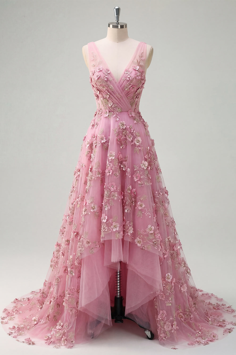 Taro Floral V Neck Sleeveless High Low Prom Dress