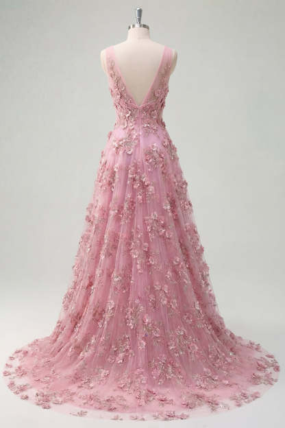 Taro Floral V Neck Sleeveless High Low Prom Dress