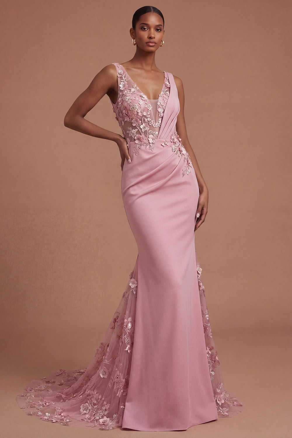 Leely Women Mermaid Taro Floral Ruched Long Prom Dress V Neck Sleeveless Wedding Guest Dress