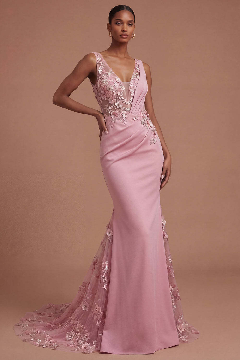 Leely Women Mermaid Taro Floral Ruched Long Prom Dress V Neck Sleeveless Wedding Guest Dress