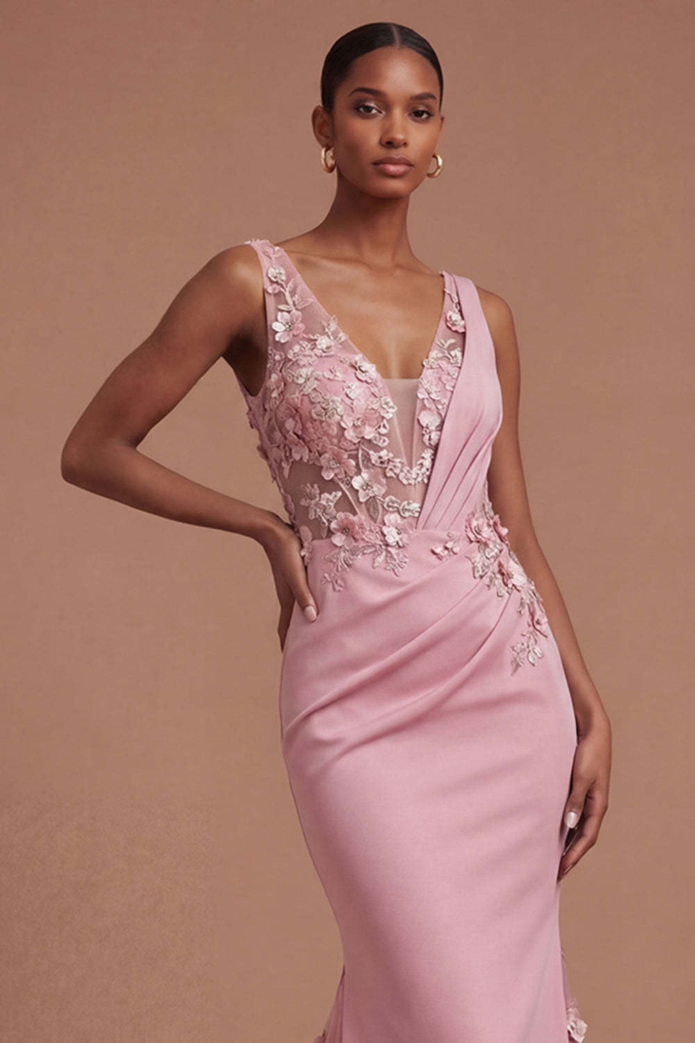 Mermaid Taro Floral Ruched Long Prom Dress