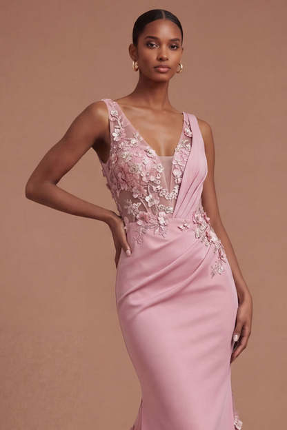 Mermaid Taro Floral Ruched Long Prom Dress