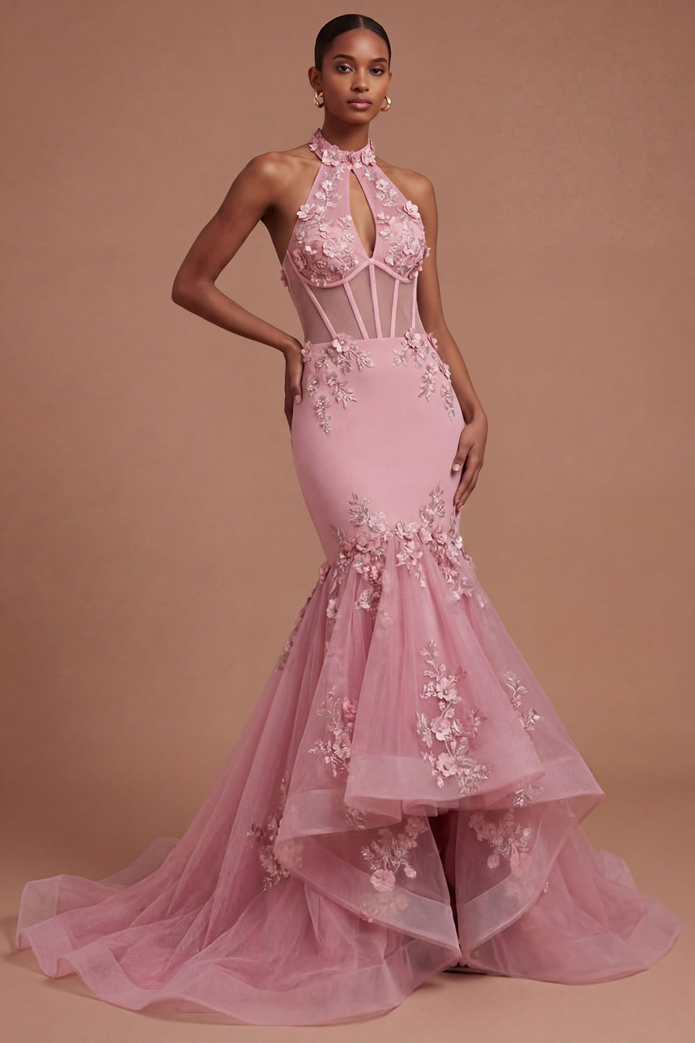 Halter Neck Floral Appliqued Corset Taro Long Prom Dress