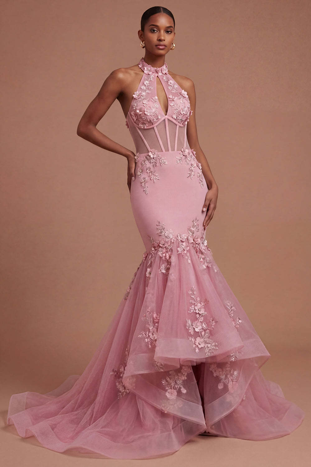 Leely Women Halter Neck Floral Appliqued Corset Taro Long Prom Dress Backless Mermaid Gala Dress