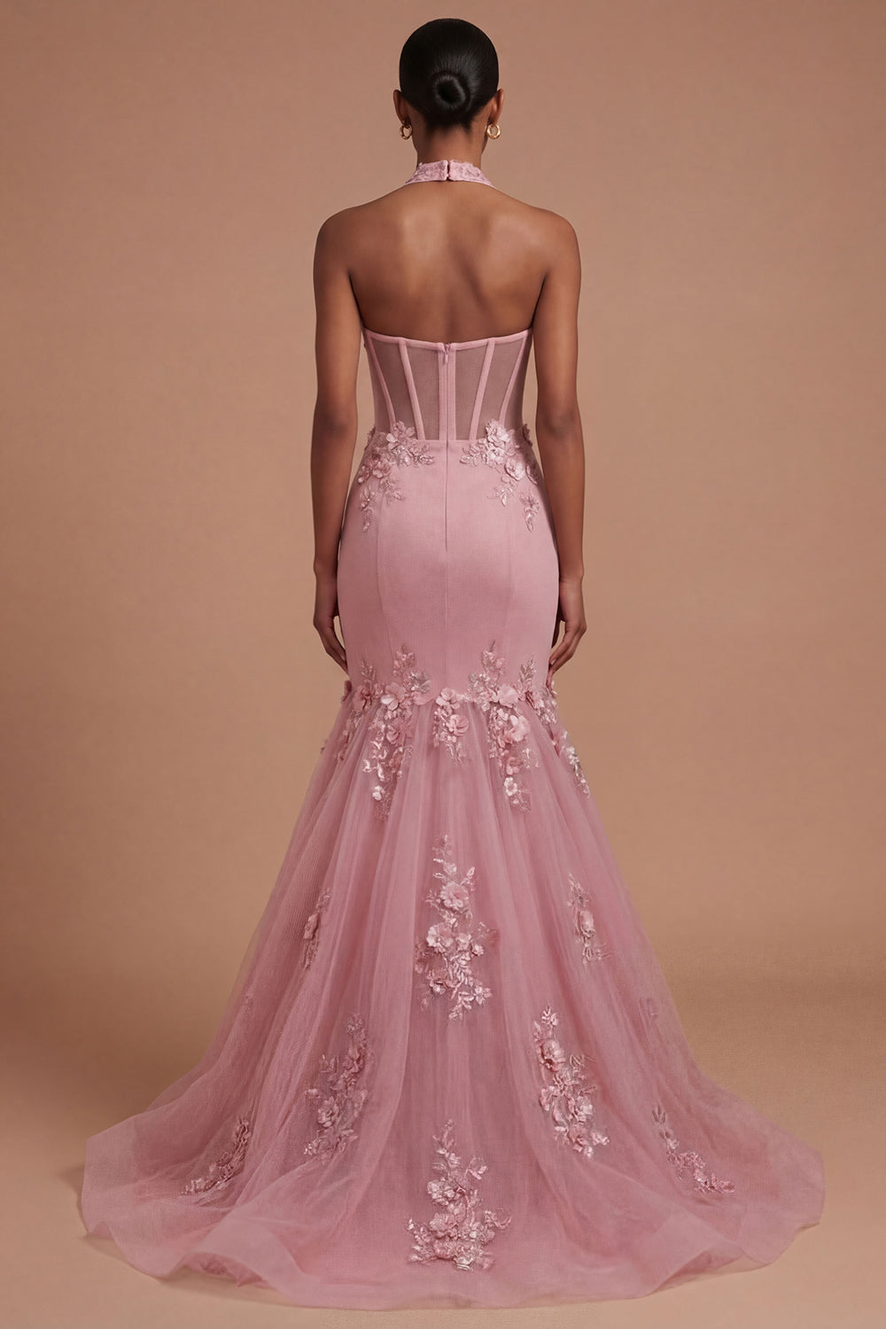 Halter Neck Floral Appliqued Corset Taro Long Prom Dress