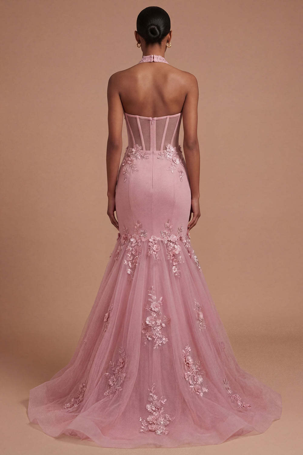 Halter Neck Floral Appliqued Corset Taro Long Prom Dress