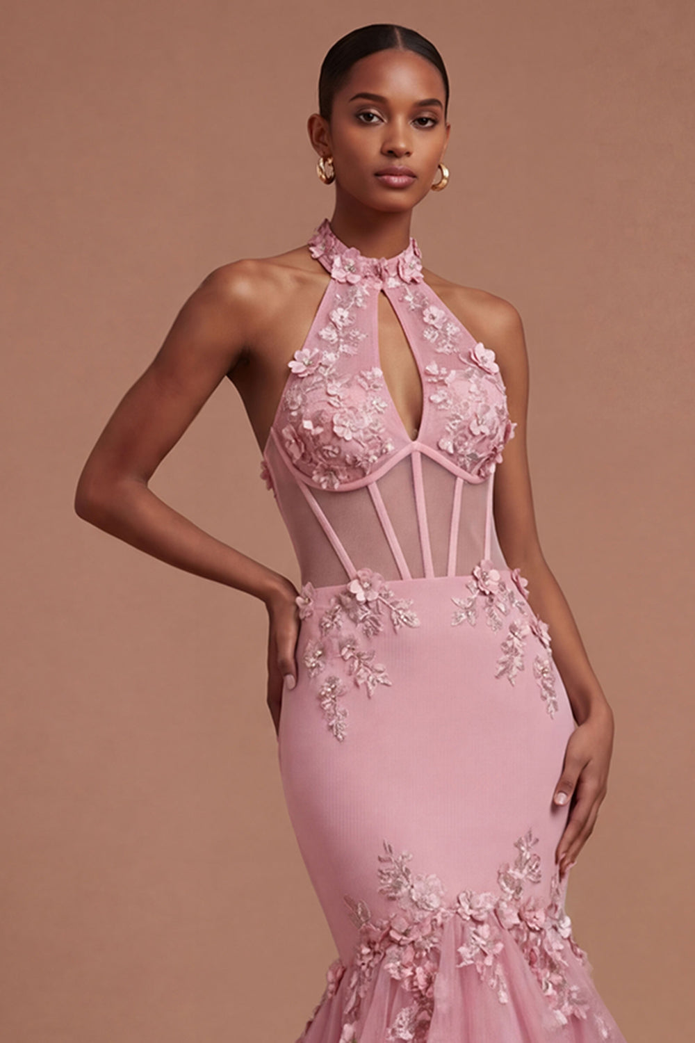 Halter Neck Floral Appliqued Corset Taro Long Prom Dress