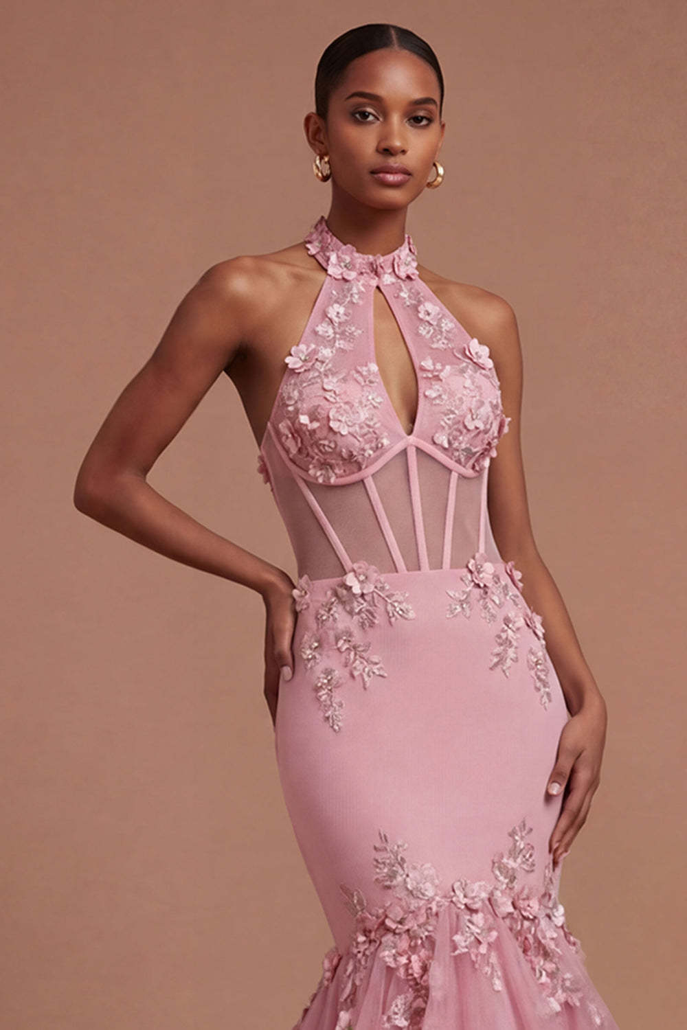 Halter Neck Floral Appliqued Corset Taro Long Prom Dress